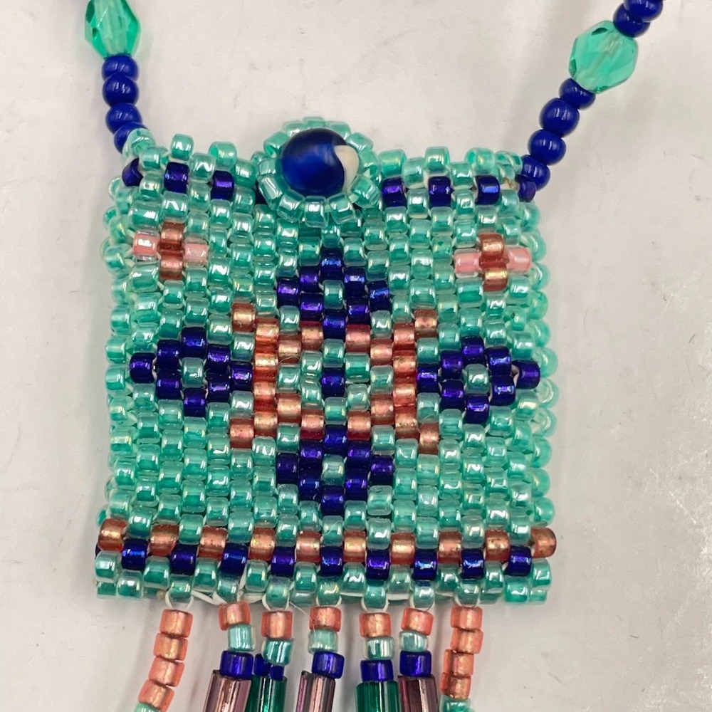 Handmade Beaded Pendant Necklace Boho Seed Bead Geometric Teal Pink Glass Fringe - Picture 5 of 8